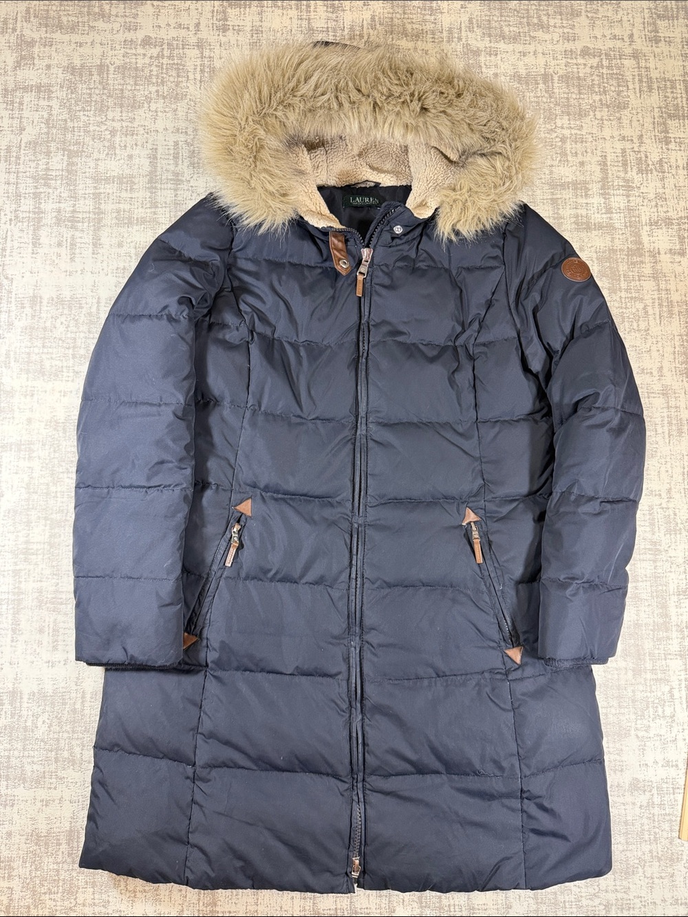 Ralph N Lauren Navy Long Puffer Coat with Faux Fur Hood